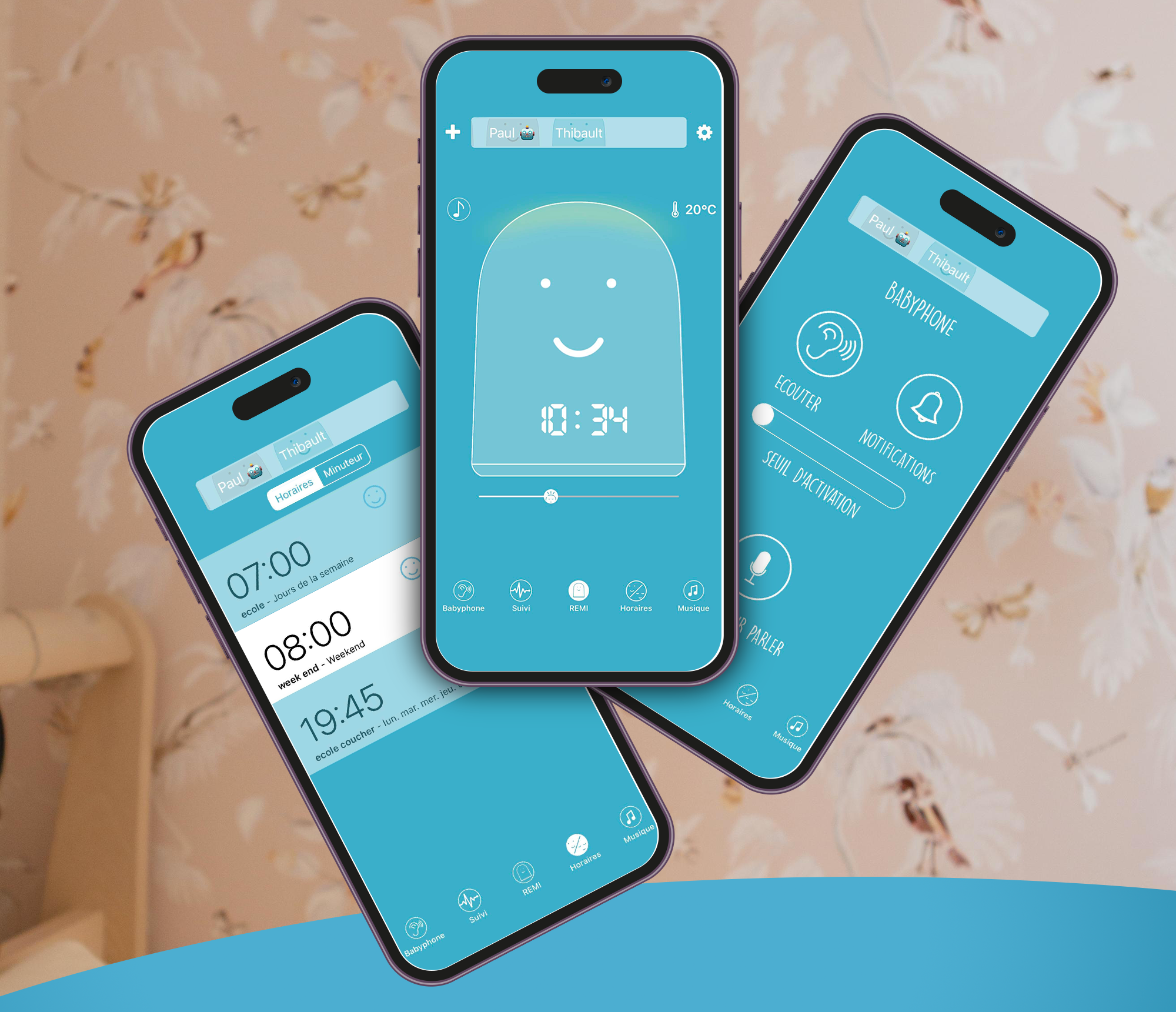 Application REMI avec Horaires, controle du visage et de la veilleuse, babyphone Ecouter, parler, activer les notifications. Application REMI avec Horaires, controle du visage et de la veilleuse, babyphone Ecouter, parler, activer les notifications.