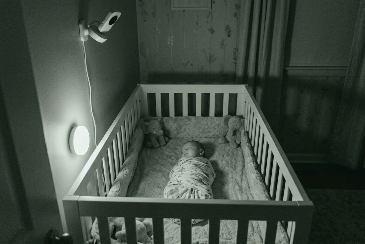 Berceau pour bébé dans une chambre sombre, bébé endormi enveloppé dans une turbulette, entouré d’oursons sur le lit. Une veilleuse et une caméra de surveillance accrochée au mur à gauche. Intègre le mot-clé naturellement: 10 meilleurs babyphones 2026.