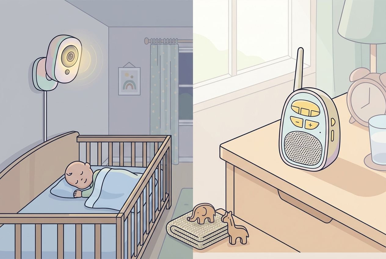 Berceau et table à côté d’un babyphone connecté application affichant une veille vidéo; bébé dort tandis que l’appareil émet des sons et lumières.