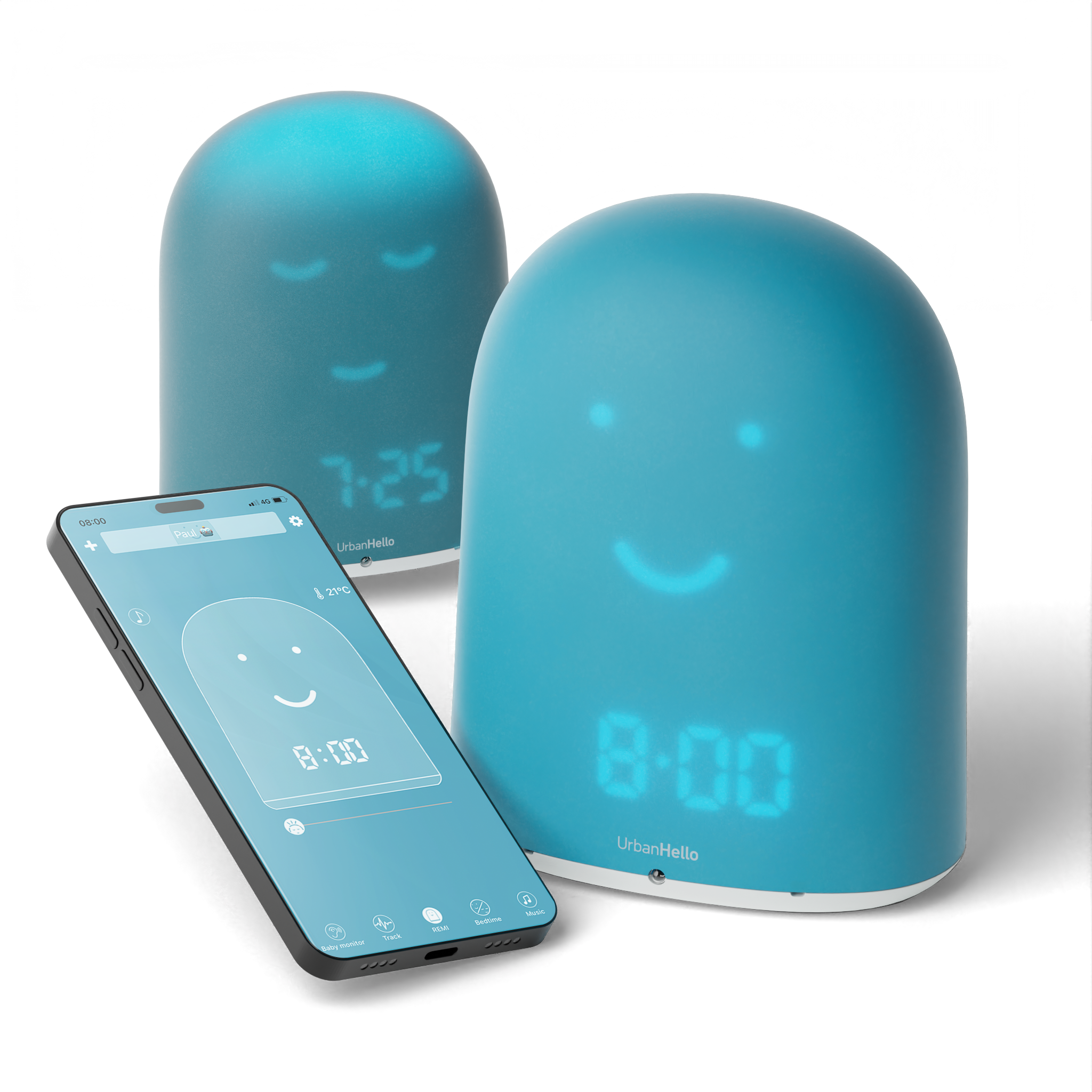 Blue UrbanHello REMI smart sleep device with a connected smartphone showing the app interface.