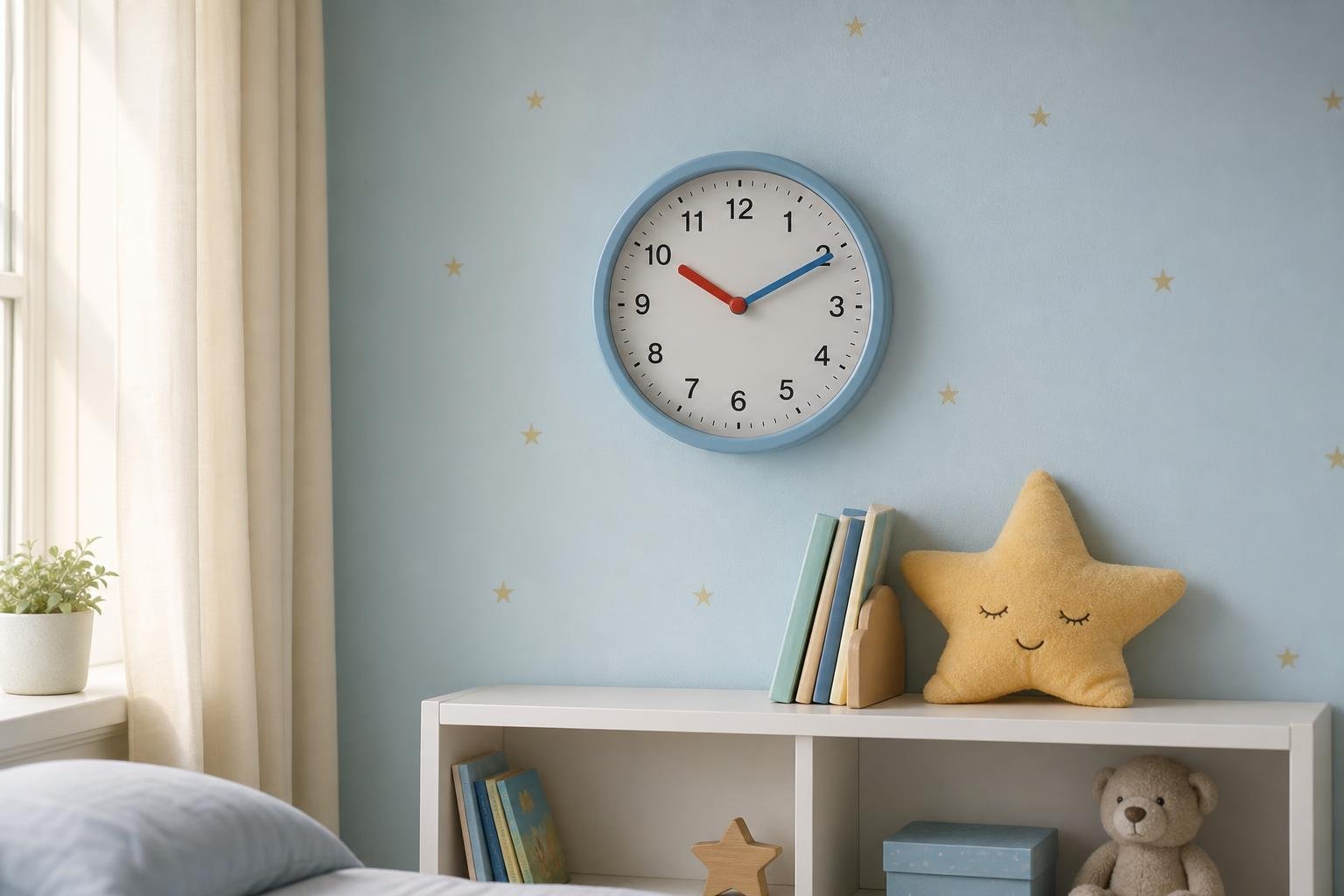 Blue wall clock with red hour and blue minute hands hangs above a white shelf in a cozy kids room. A star-shaped pillow, books, and a teddy bear sit on the shelf, while soft beige curtains and small star decals brighten the space. Suitable for a children clock theme.