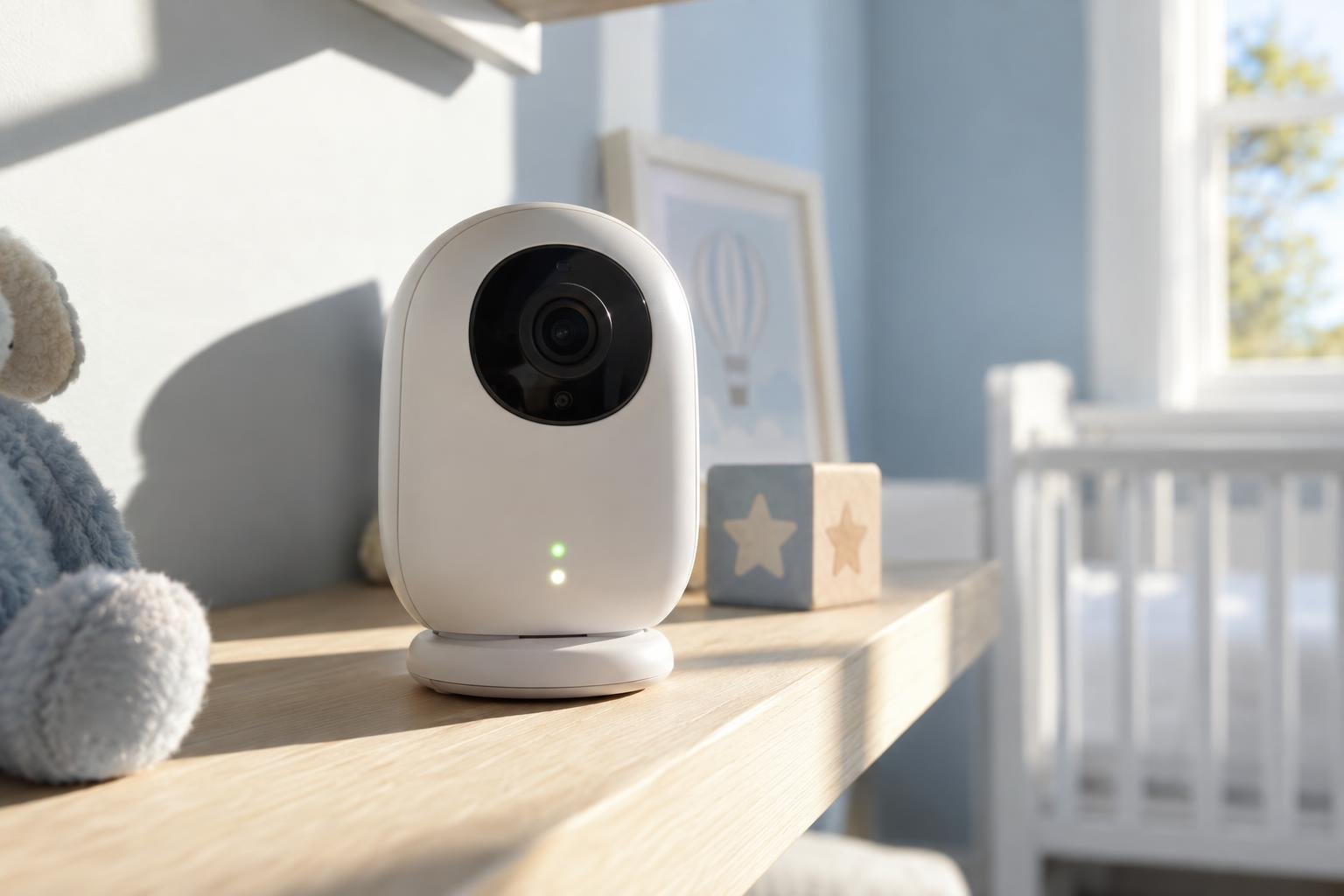 Caméra babyphone blanche sur son socle, placée sur une étagère dans une chambre lumineuse.