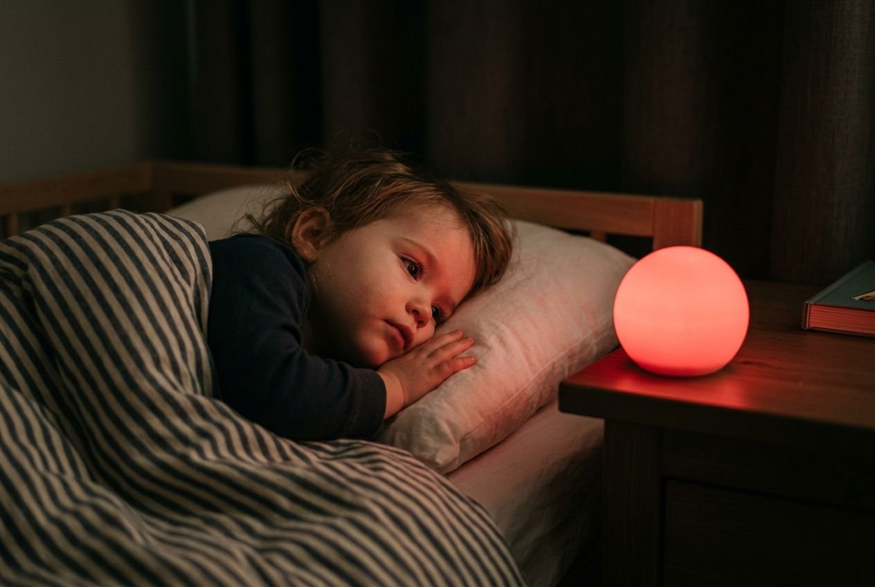 A child lying in bed awake at night, resting on a pillow with a striped blanket, next to a glowing red sleep trainer clock on a nightstand.