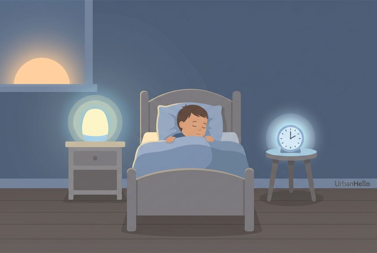 A child sleeps in a cozy bed at night with a glow-in-the-dark smart wake up clock for kids on the nightstand and a nearby lamp, illuminating the room.
