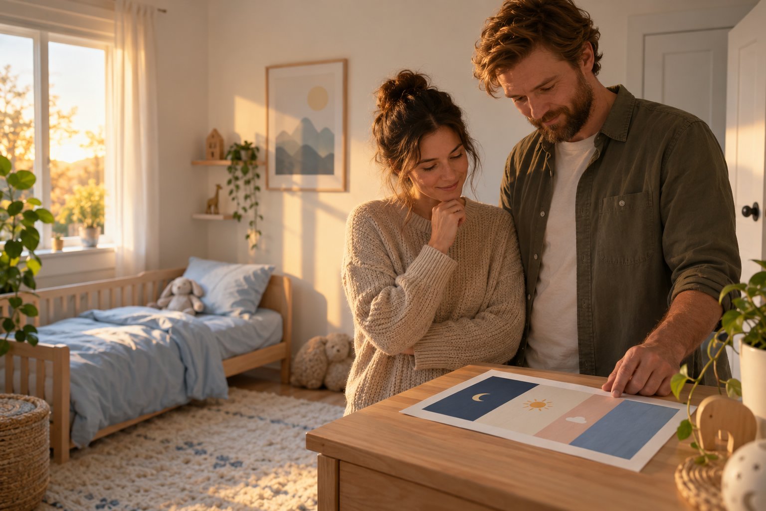 A couple stands at a wooden table looking over a color-coded chart or planning sheet in a cozy bedroom.