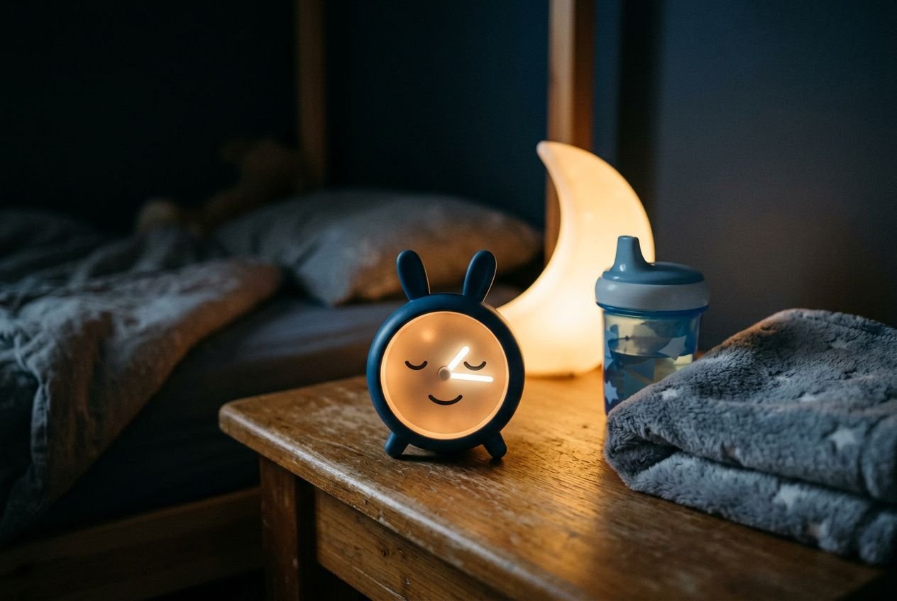 Cute nightlight clock with a sleeping-face design on a wooden nightstand, a crescent moon lamp in the background, a sippy cup, and a cozy blanket. integrates kids alarm clock with nightlight naturally.