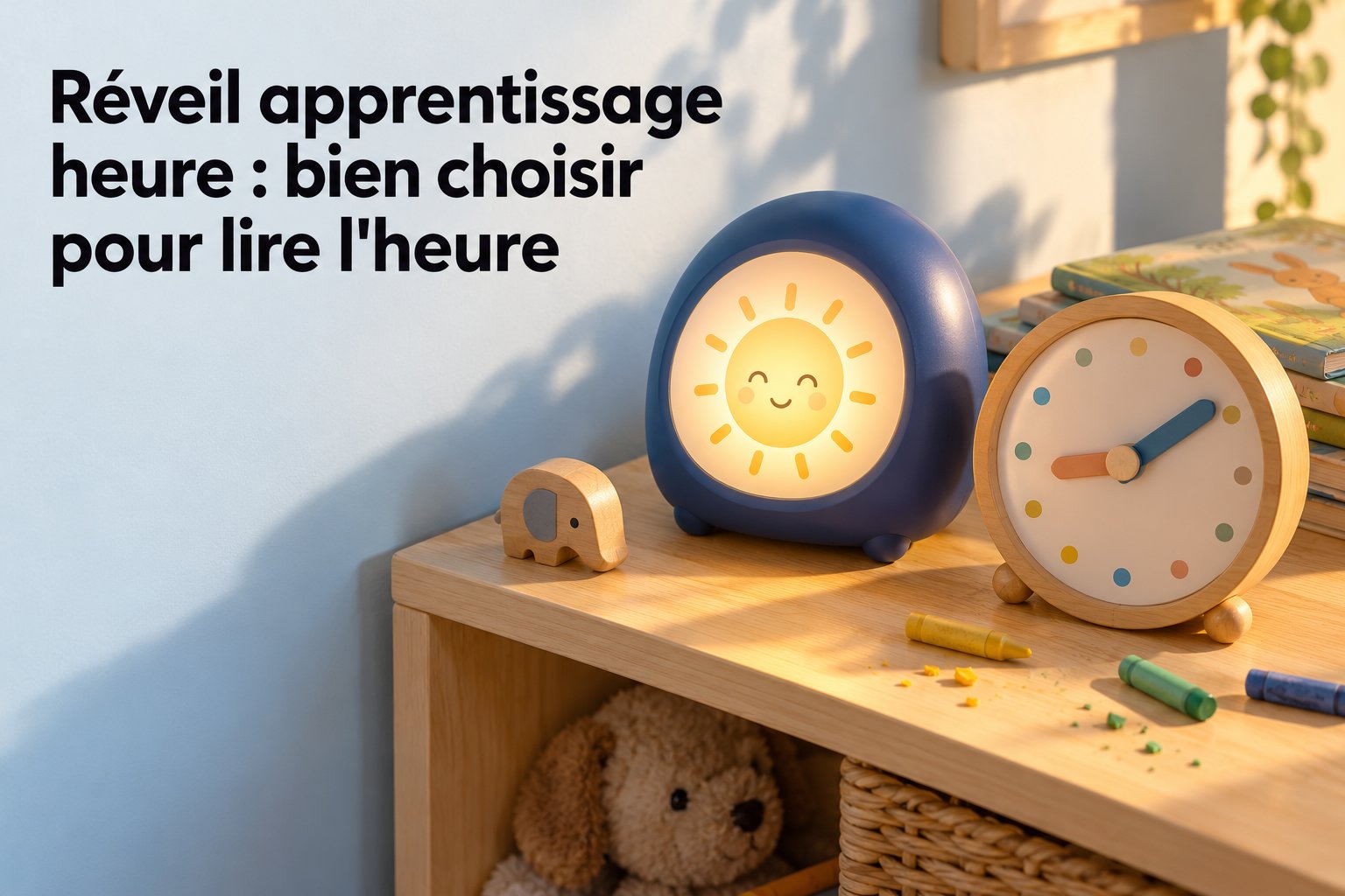 Deux réveils pour apprendre l’heure: un rond bleu avec petit soleil et un horloge en bois posé sur une table.