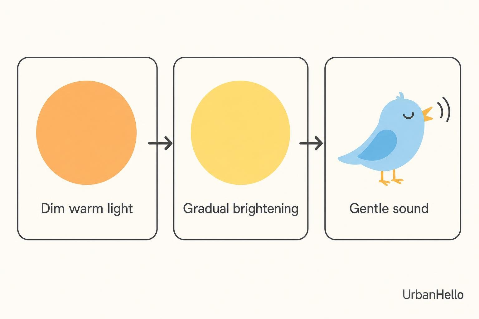 Dim warm light gradually brightens to a gentle sound cue from a small blue bird icon (UrbanHello).