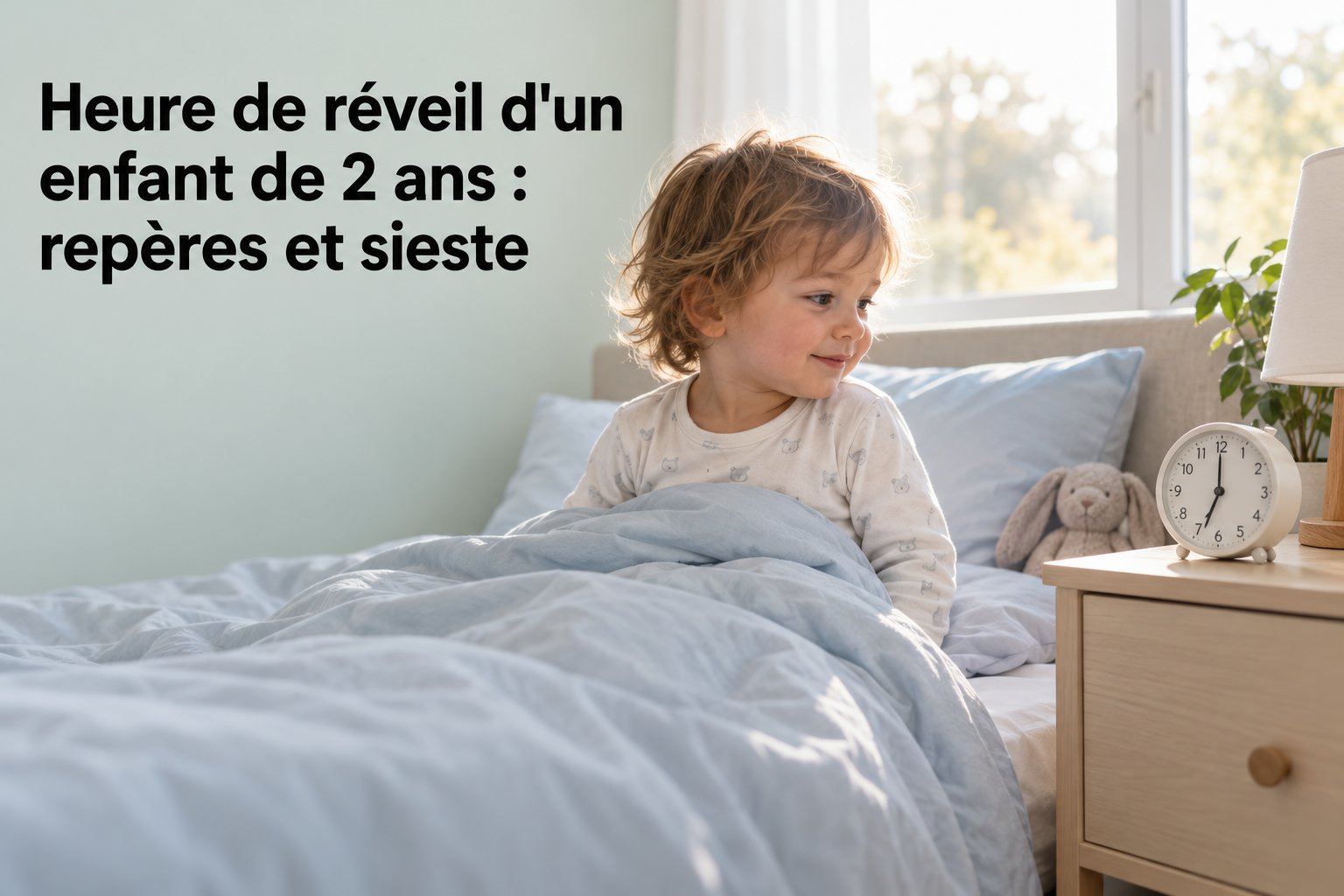 Un enfant de deux ans assis dans son lit, réveillé et couvert d’un drap bleu, près d’une table de chevet avec une horloge et