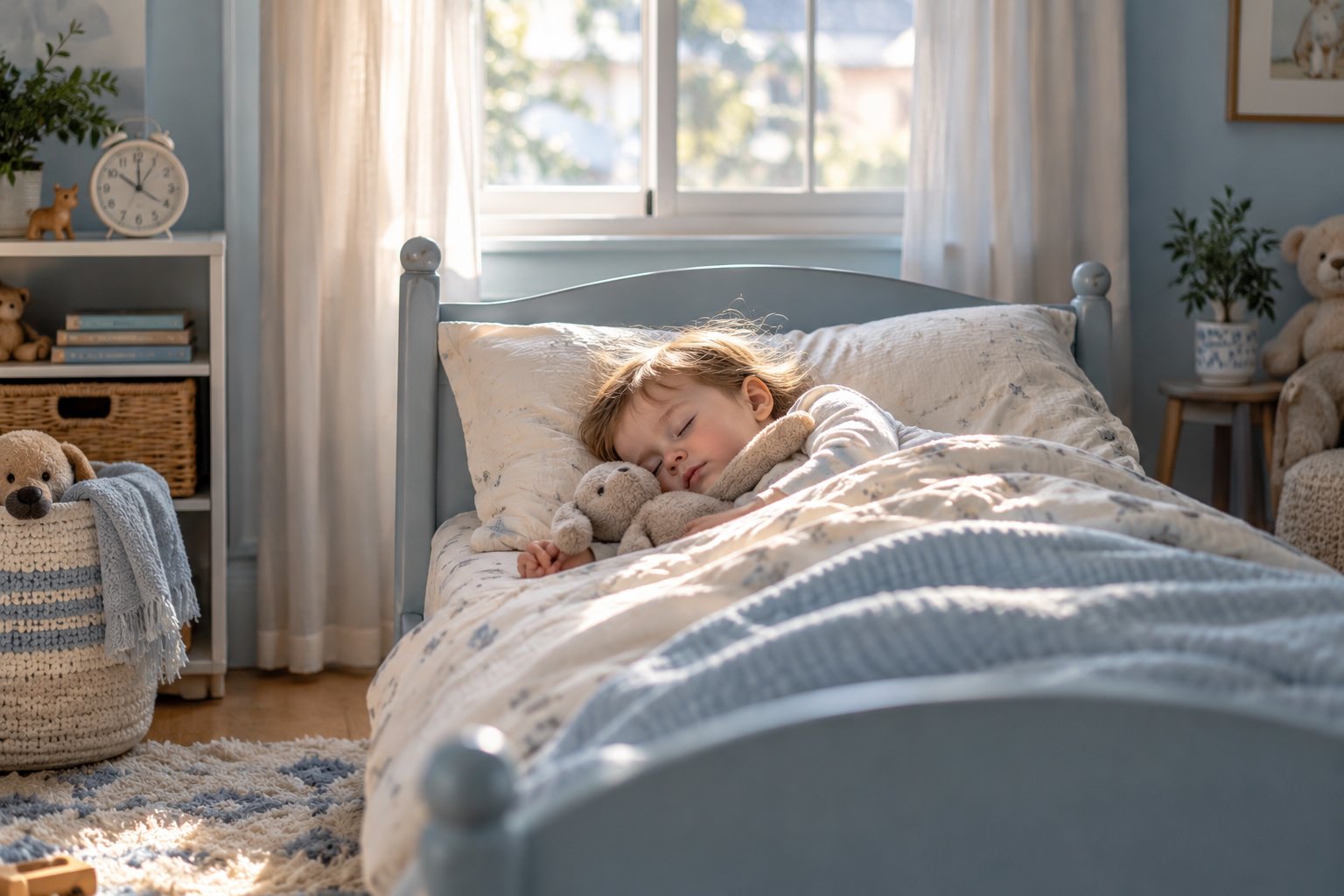 Un enfant dort paisiblement dans son lit, serrant un doudou sous une couverture blanche.