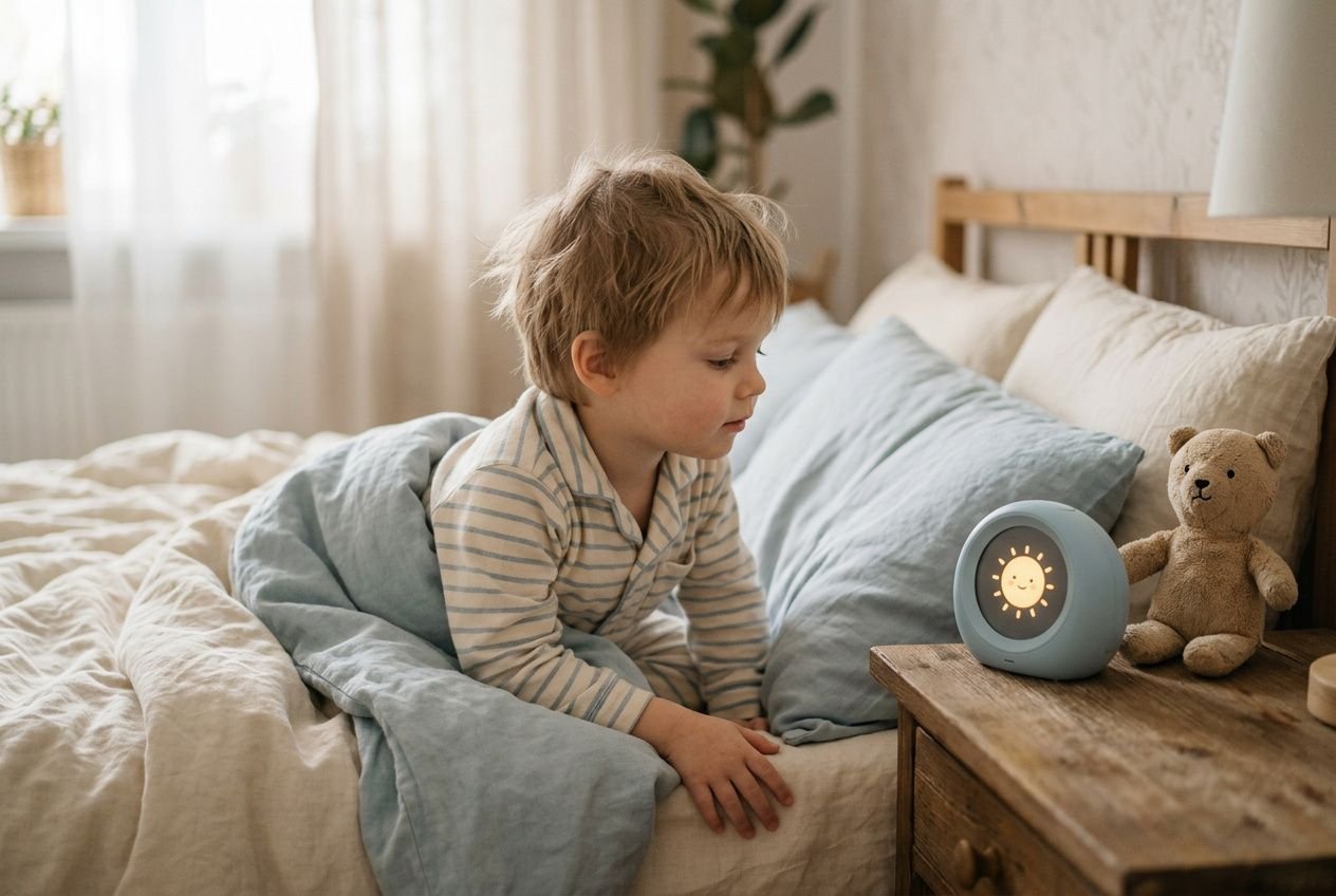 Enfant sur le lit, près d’un réveil éducatif lumineux et d’un ourson en peluche, dans une chambre lumineuse. Réveil enfant 0-10 ans, veilleuse et indicateur jour/nuit présent.