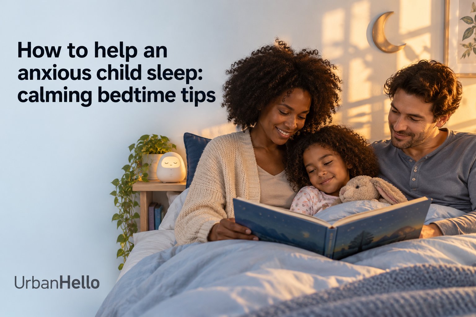 A family sits together in bed reading a book, smiling as a child rests between the parents.