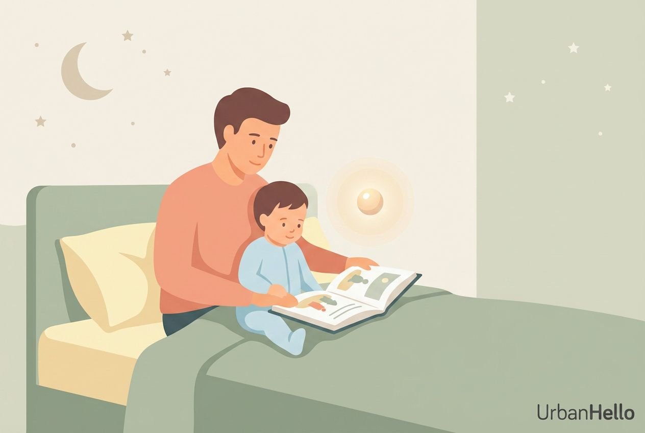 Father reading a bedtime book with toddler in a cozy bed, moon and stars outside, soft night light. how to train toddler sleep influence bedtime routine.