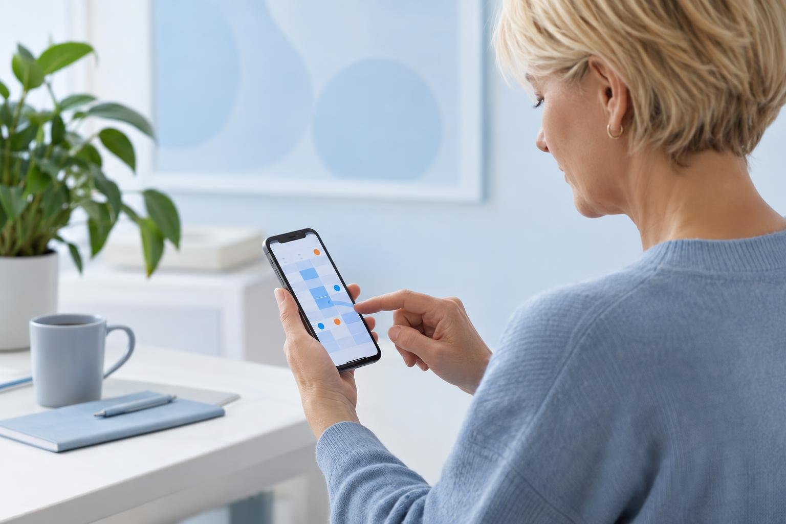 Une femme consulte une application de réveil sur son téléphone.