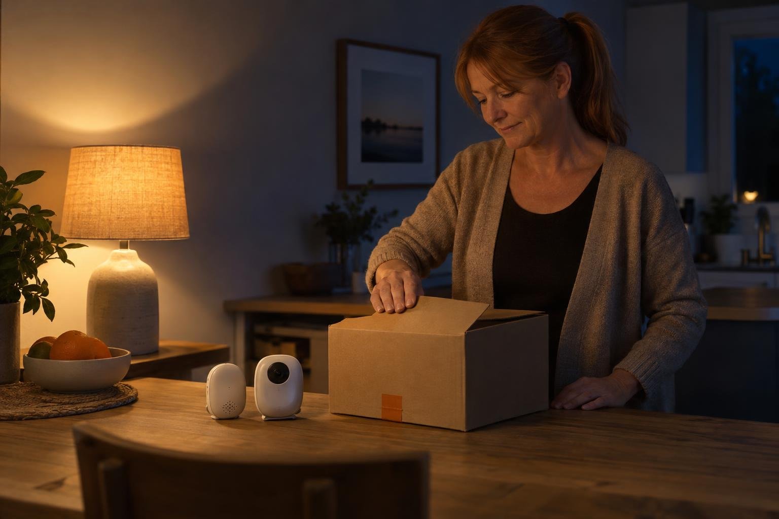 Une femme ouvre une boîte en carton sur une table de cuisine, près d’un babyphone blanc posé à côté.