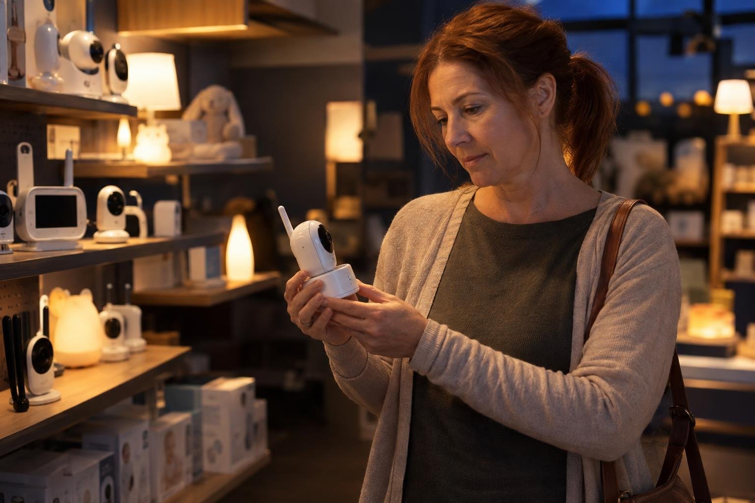 Une femme tient un babyphone en vente dans un magasin éclairé par des lampes, examinant l’appareil dans ses mains.
