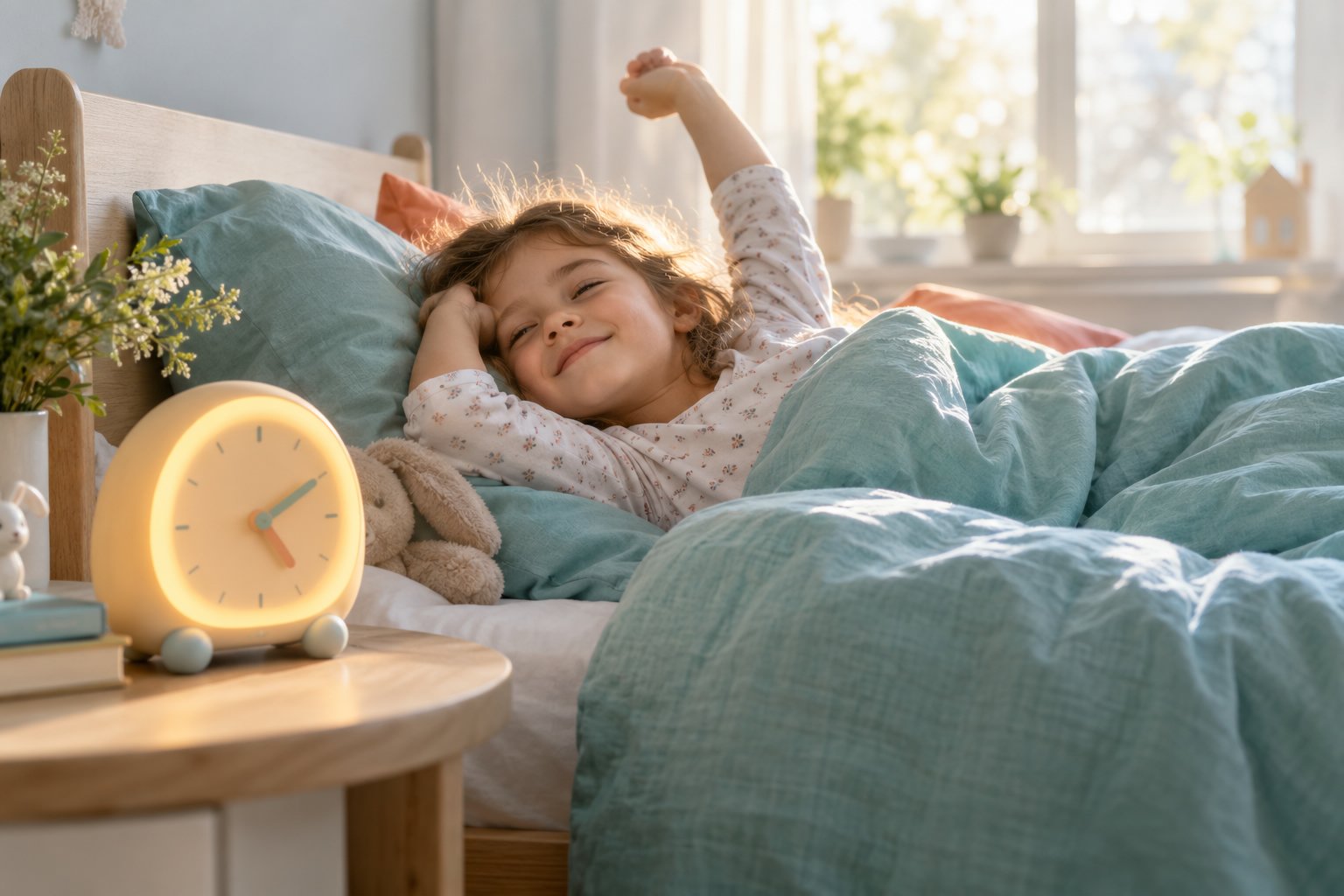 Ein fröhliches Kind liegt entspannt im Bett und streckt sich neben einem gelb leuchtenden Wecker auf dem Nachttisch heraus.