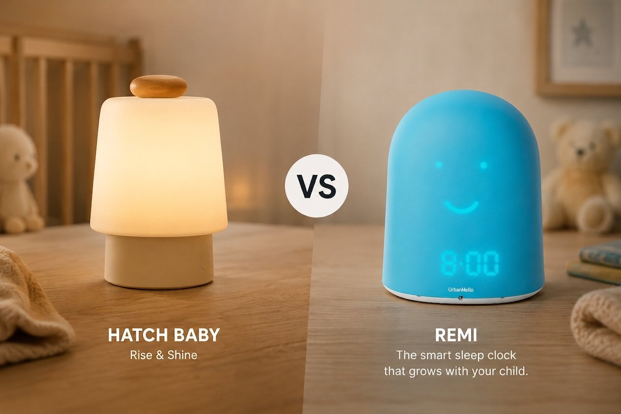 Hatch Baby lamp on left and REMI smart sleep clock on right