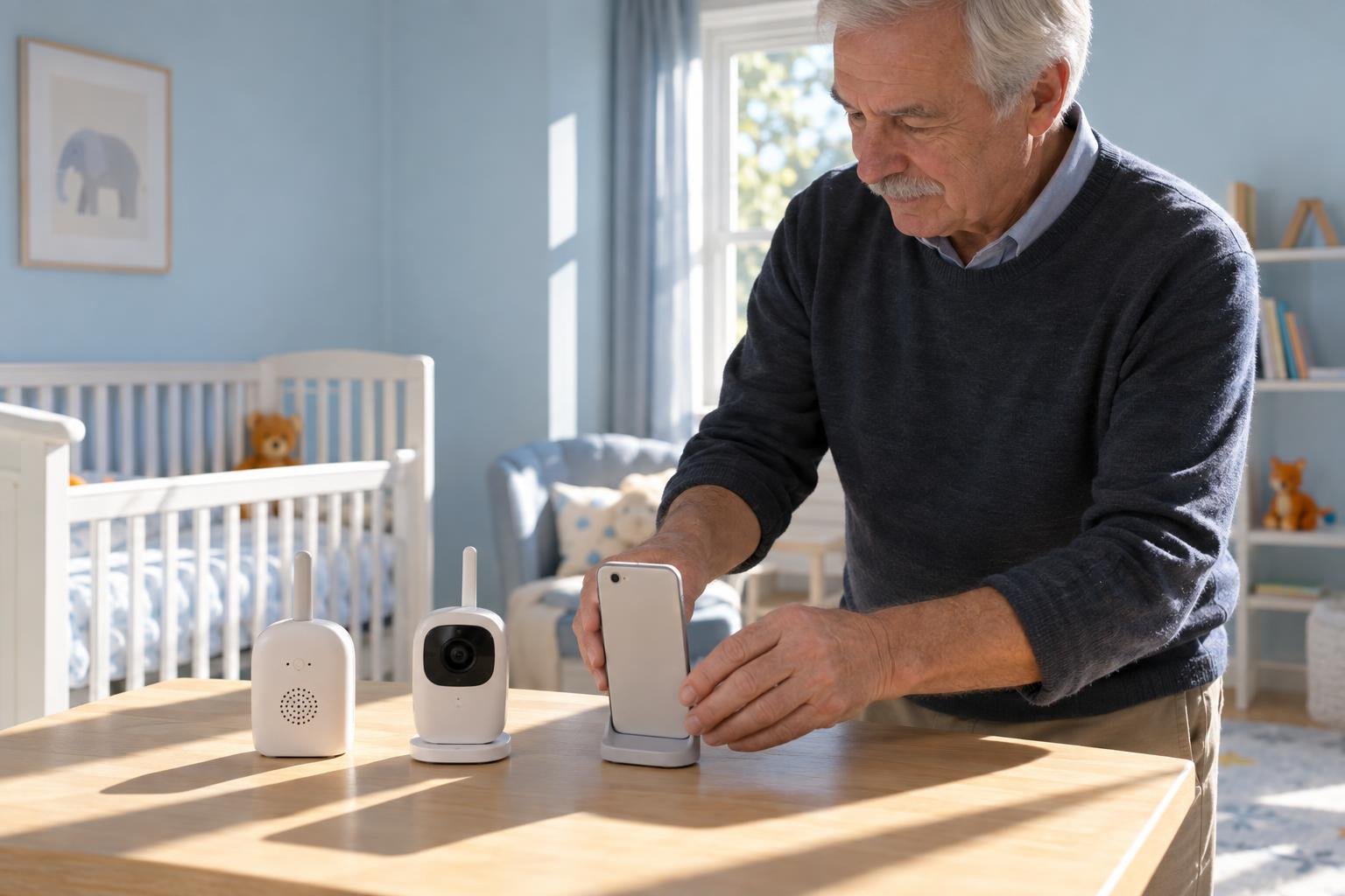 Un homme âgé règle un babyphone posé sur une table dans une chambre de bébé.