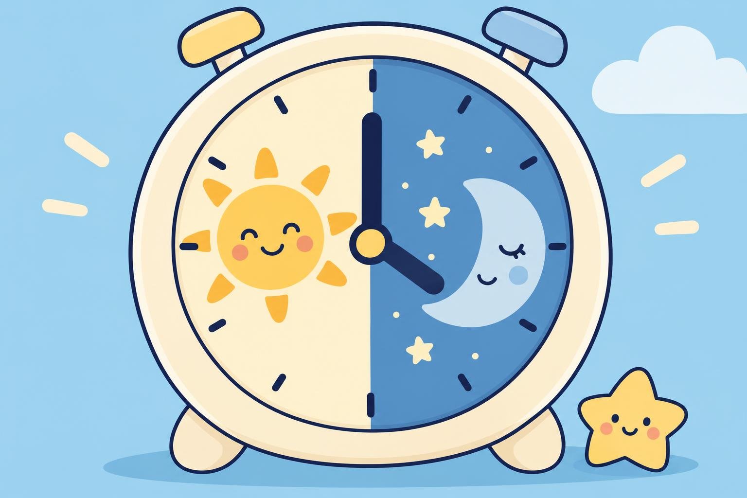 Horloge dessinée sur fond bleu montrant le jour et la nuit avec le soleil et la lune.