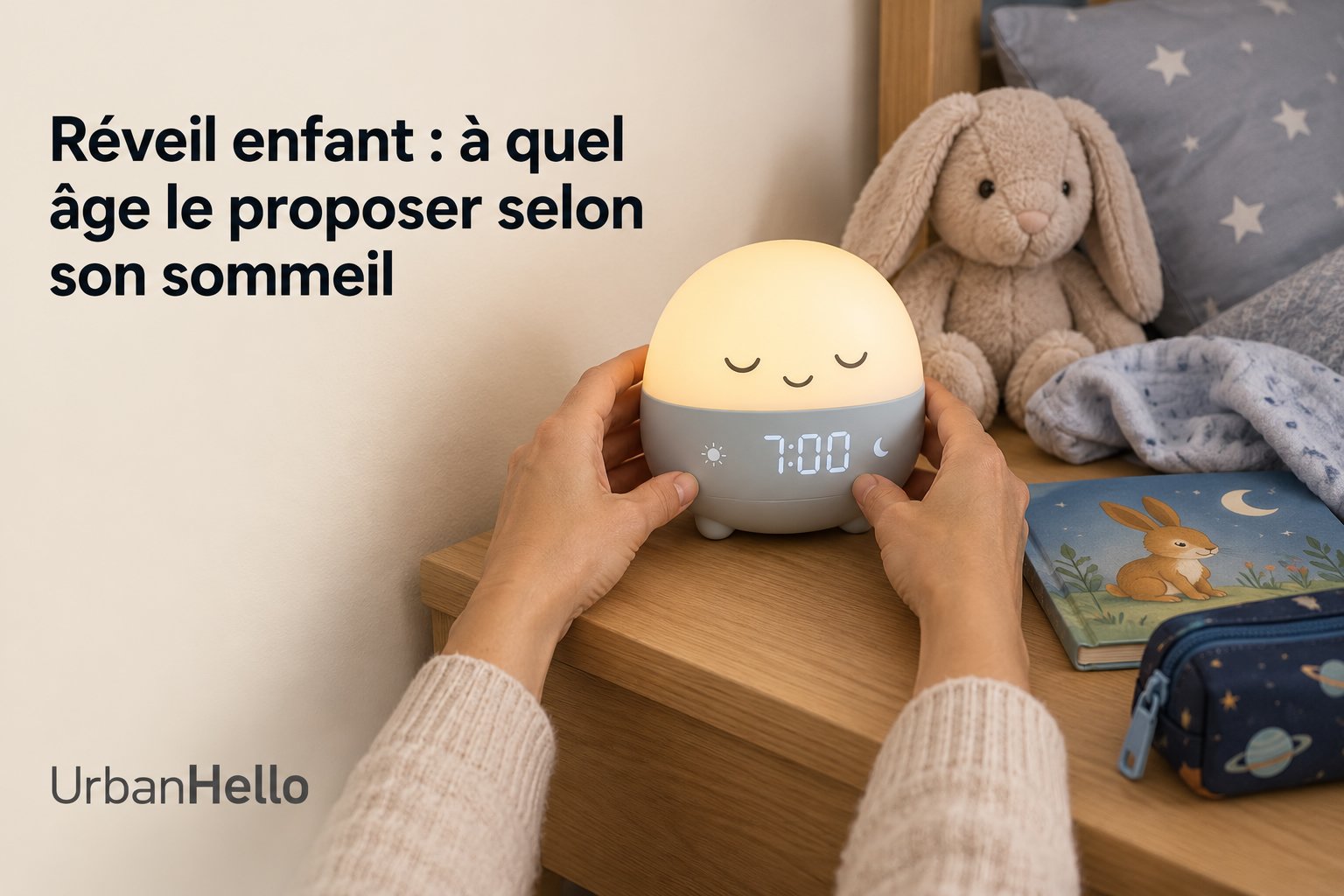 Horloge réveille jouet en forme de demi-sphère avec visage souriant sur une table de nuit, entourée de peluche et de livres.