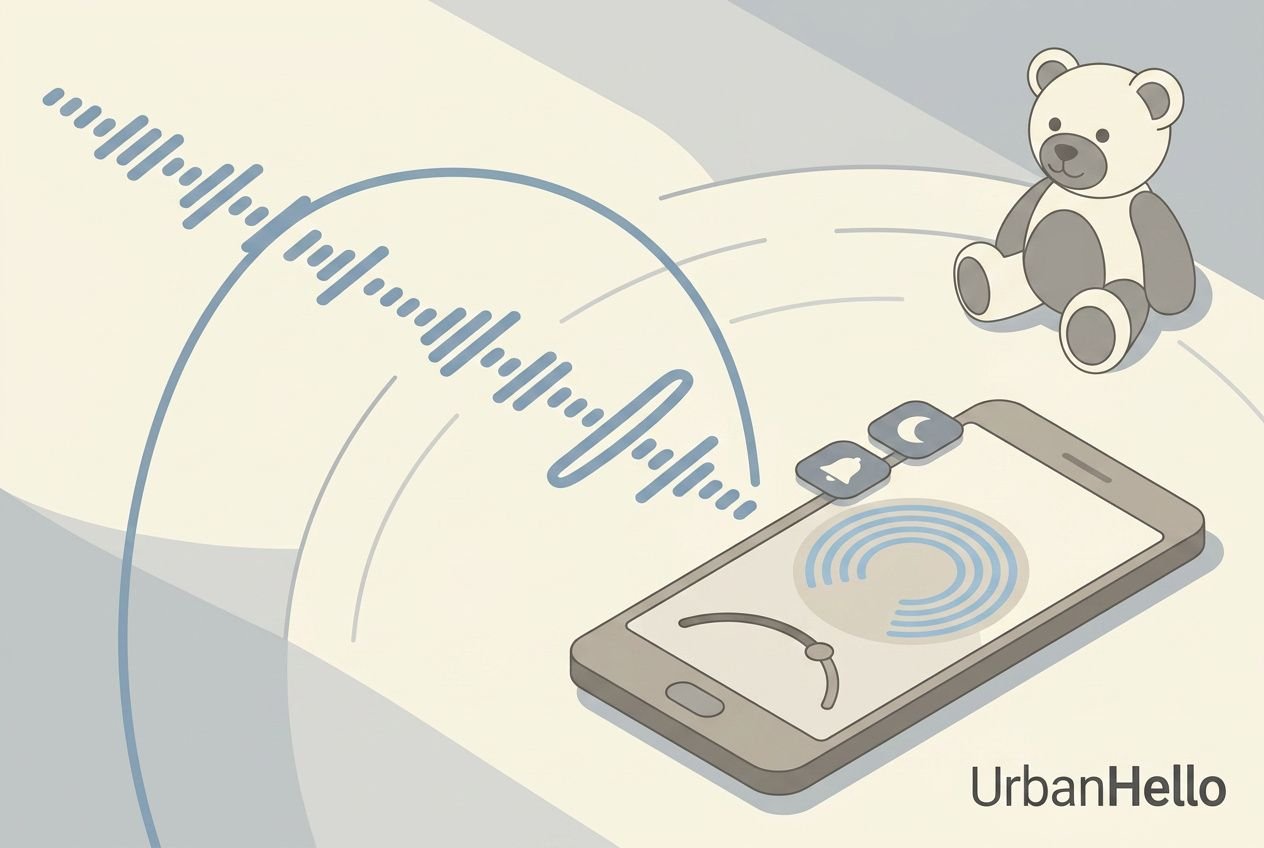 How to choose an audio baby monitor: a teddy bear sits beside a smartphone showing a wireless audio monitor interface.