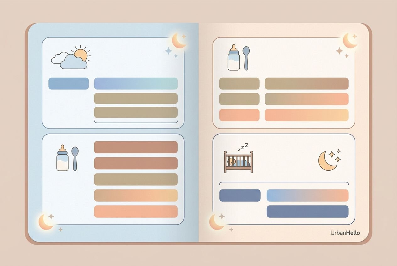 Illustrated baby sleep planner spread with sections for routines, feeding, and a crib, featuring a moon and stars, soft blue and peach tones, labeled by UrbanHello. Sleep trainer theme implied.