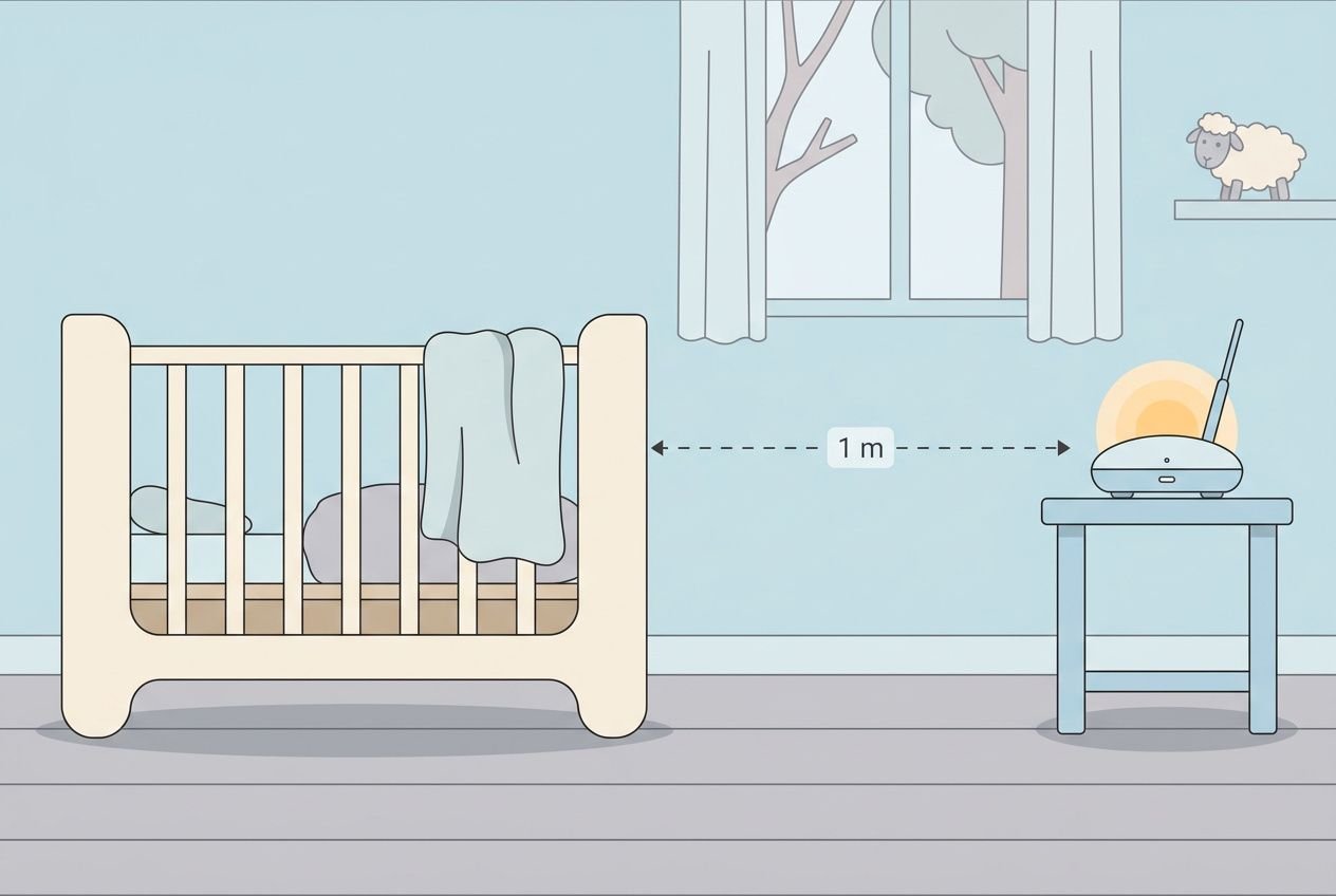 Illustration d’un babyphone vidéo à 1 mètre de distance d’un berceau, montrant des considérations de sécurité et de portée. Proche du sujet: 10 meilleurs babyphones 2026.