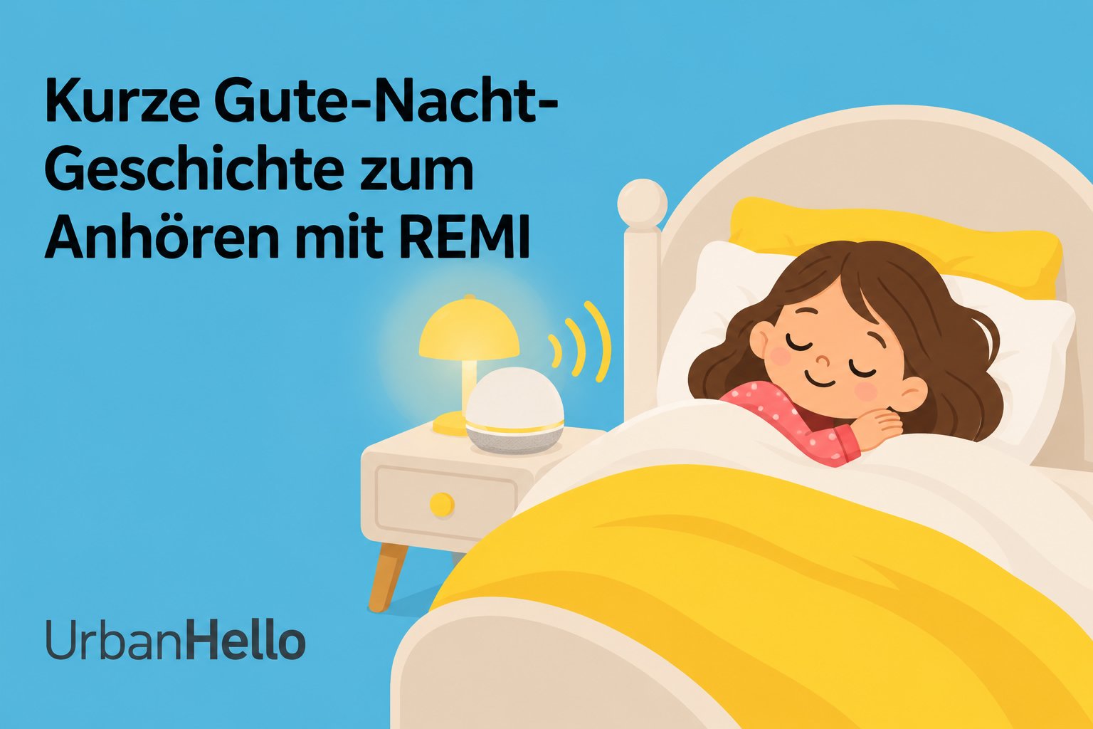 Ein junges Mädchen schläft friedlich in einem Bett, während ein Wecker oder Lautsprecher neben dem Nachttisch leuchtet.