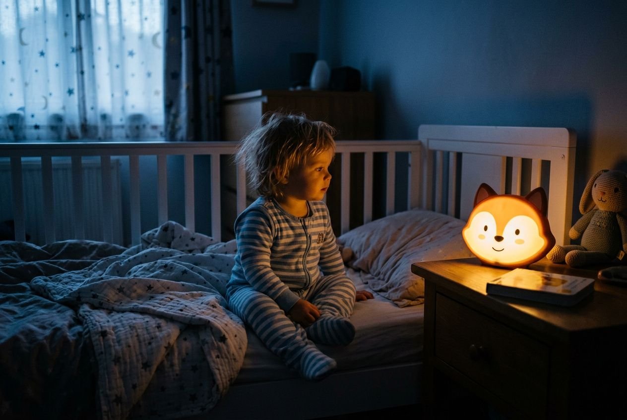 Little toddler sits on a dimly lit bed at night, gazing at a glowing fox-shaped nightlight on a nightstand in a cozy bedroom. Includes a sleep clock vibe for best baby sleep trainer device.