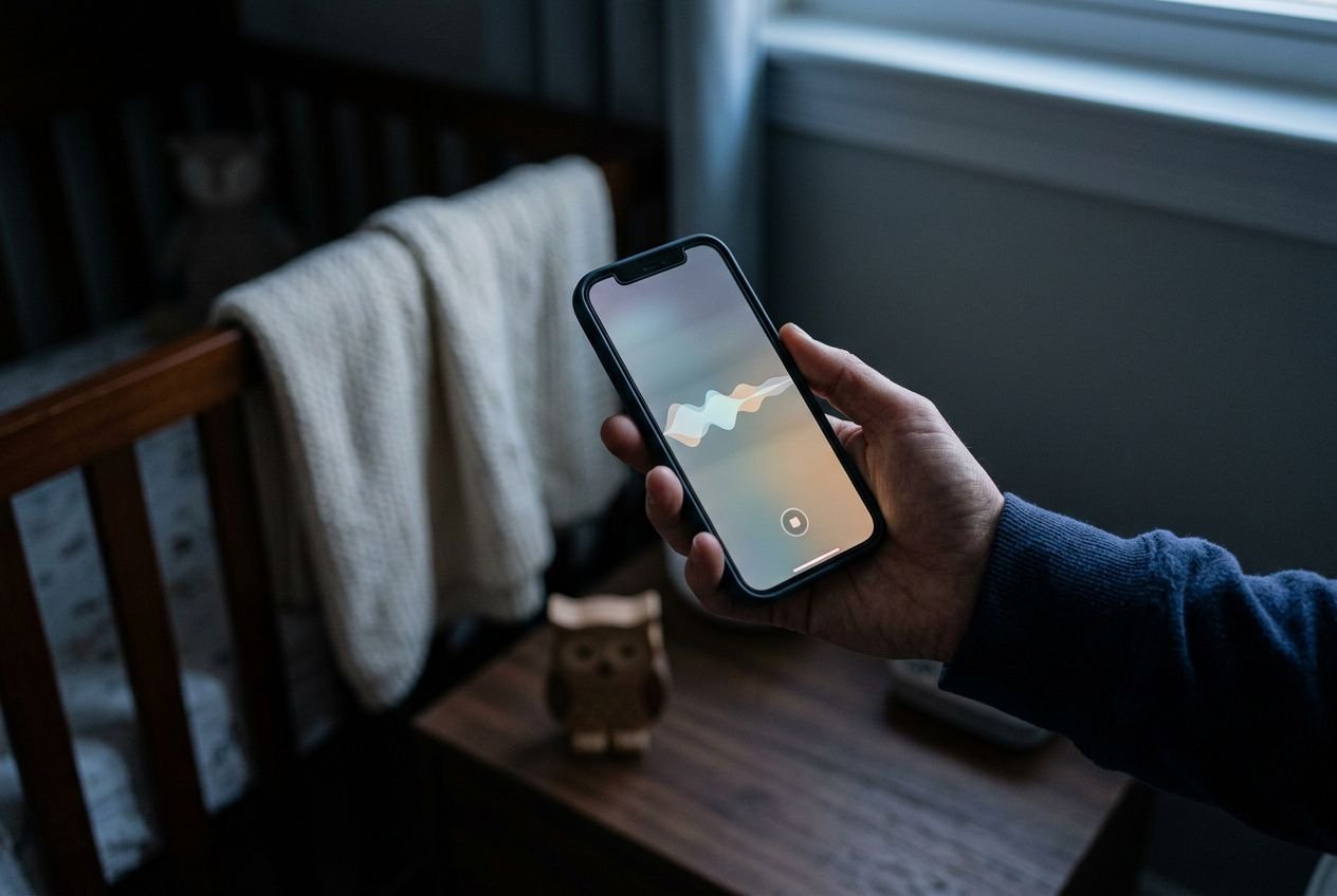 Main sujet visible : une main tenant un smartphone affichant une interface vidéo et une icône d’activation. Babyphone connecté application pour surveiller bébé à distance est présent.