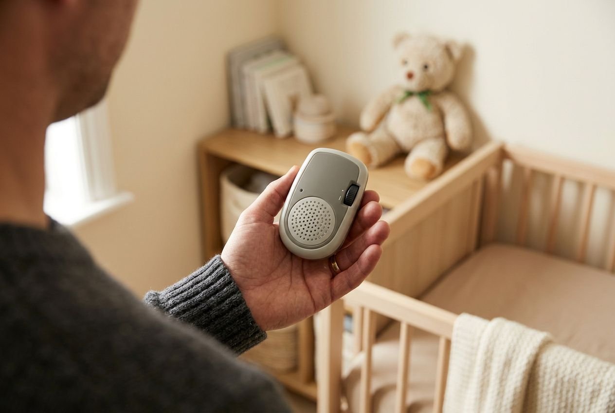 Man holding an audio baby monitor near a wooden crib with a teddy bear, in a softly lit nursery. how to choose an audio baby monitor.
