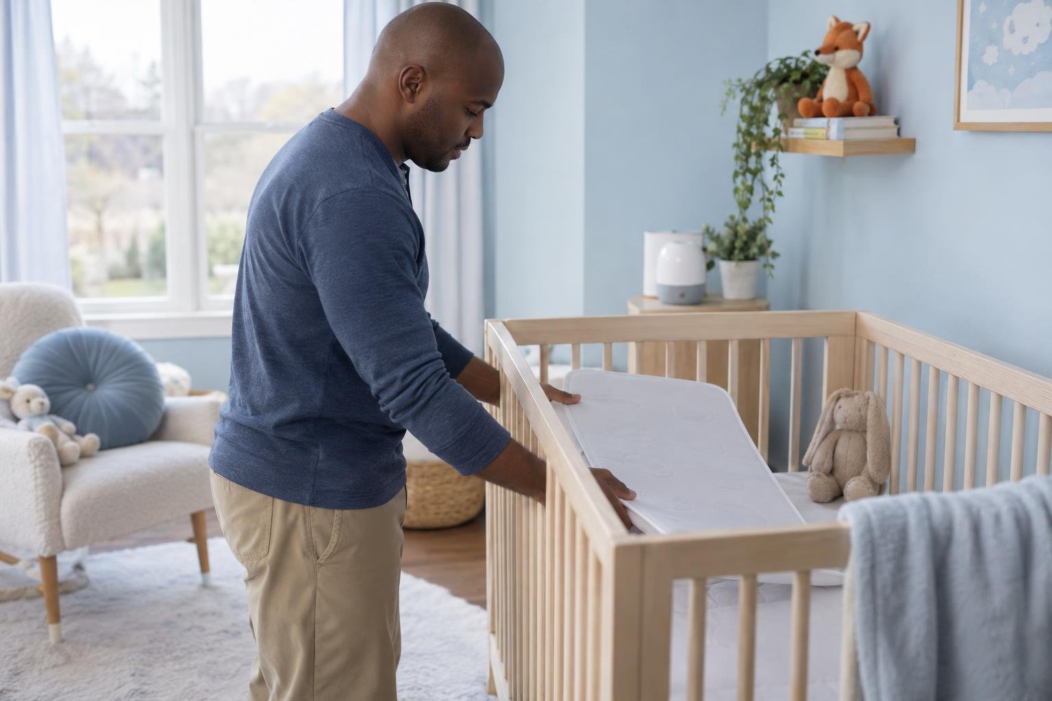 A man stands beside a wooden baby crib placing a white changing pad over the side of the crib.