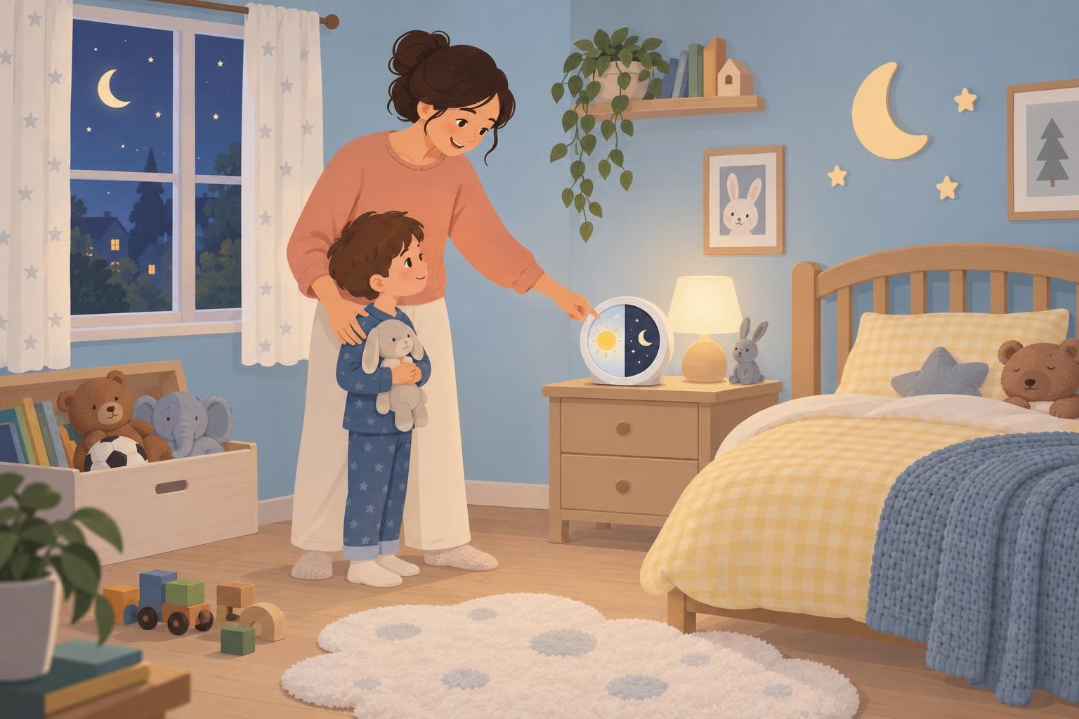 Une mère rassure son enfant dans une chambre d'enfant au soir, en pointant un réveil éducatif posé sur une table de nuit.