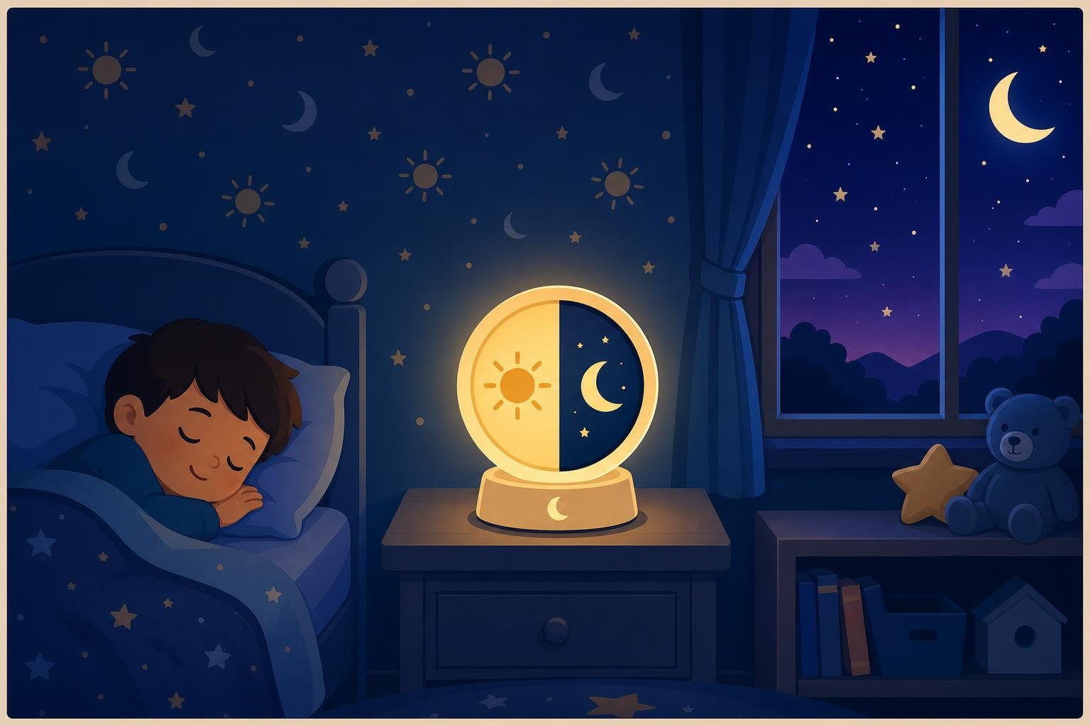 Miniature nocturne d’un enfant qui dort, lampe lumineuse jour-nuit sur la table de nuit, ambiance étoilée et ciel nocturne visible par la fenêtre. Réveil enfant jour et nuit utile pour l’autonomie.