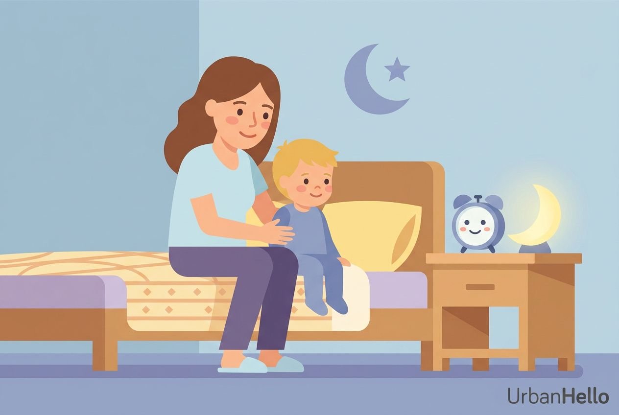 A mom sits on a bed with her child, guiding him to sleep in a softly lit room with a nightlight clock on the nightstand.