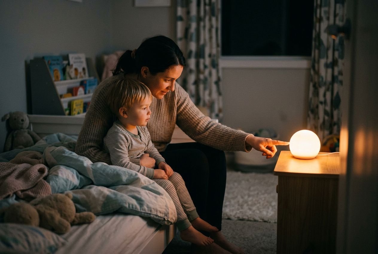 Mother and child sit on a bed at night, a cozy scene with a glowing best kids alarm clock on a nearby nightstand.