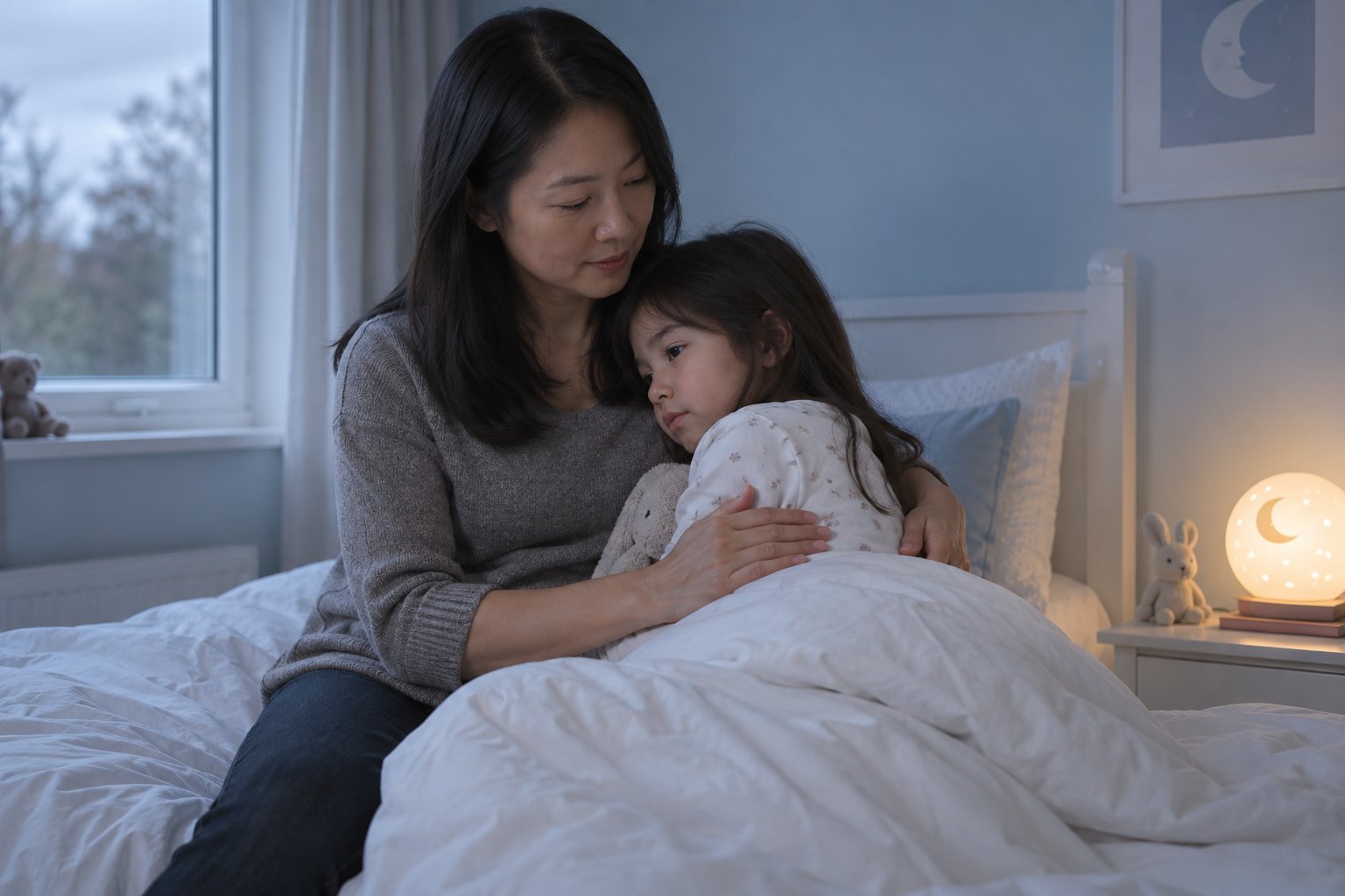 A mother sits in bed with her child, comforting her as they cuddle under a blanket in a softly lit bedroom.