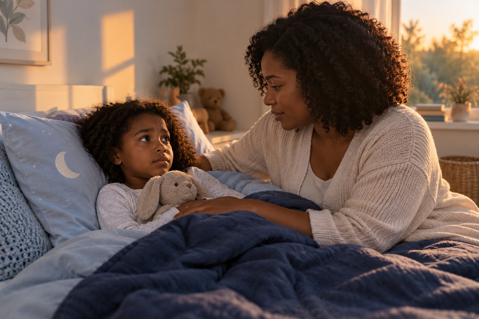 A mother sits beside her child in bed, comforting them with a gentle expression and a plush toy.