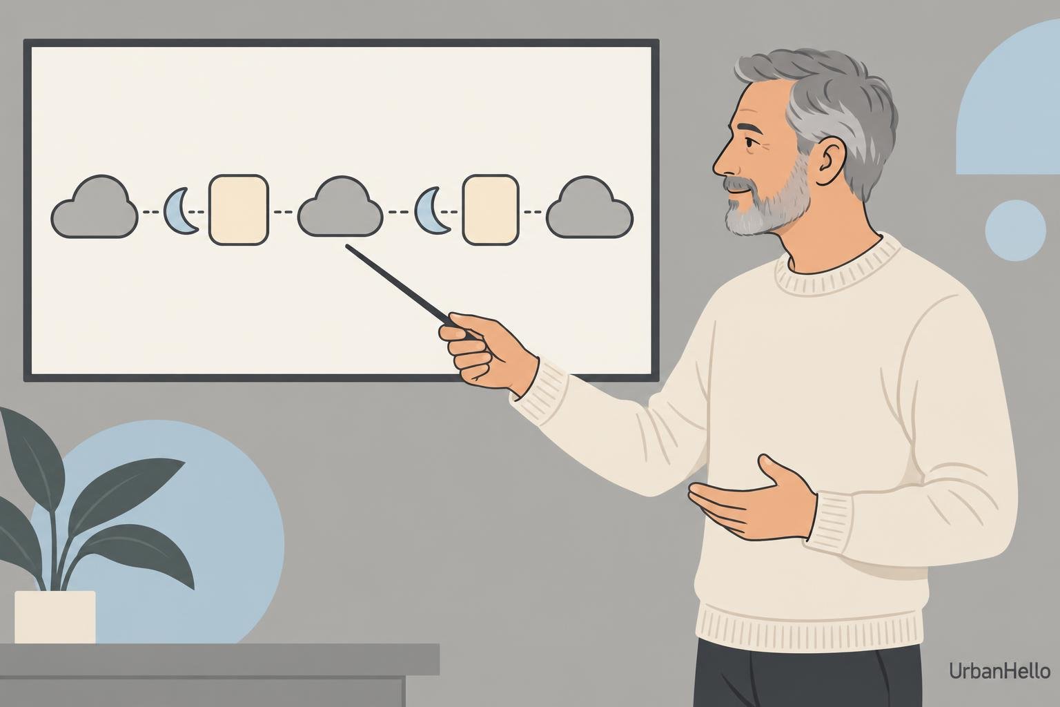 Older man explains a sleep chart with moon and cloud icons, pointing at a timeline showing sleep patterns. how long does sleep regression last 4 months.