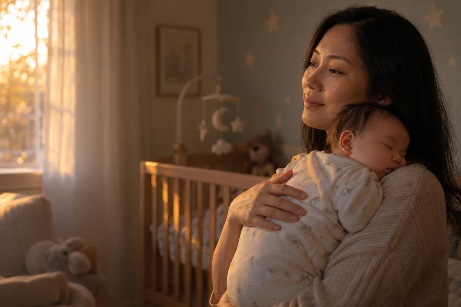 A peaceful mother cradles a sleeping baby in a softly lit nursery.