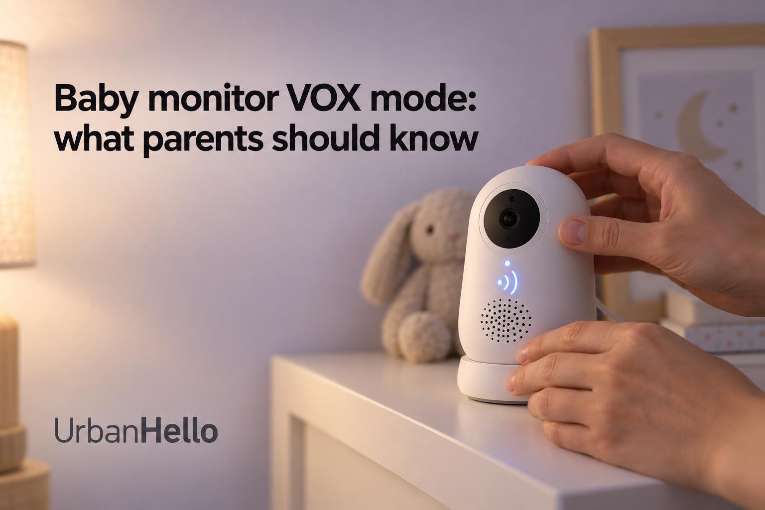 A person holds a small white baby monitor with a circular camera on top and blue indicator lights on a dresser.