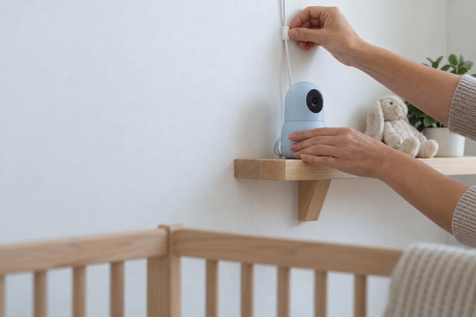A person mounts a baby monitor on a wall shelf beside a crib.