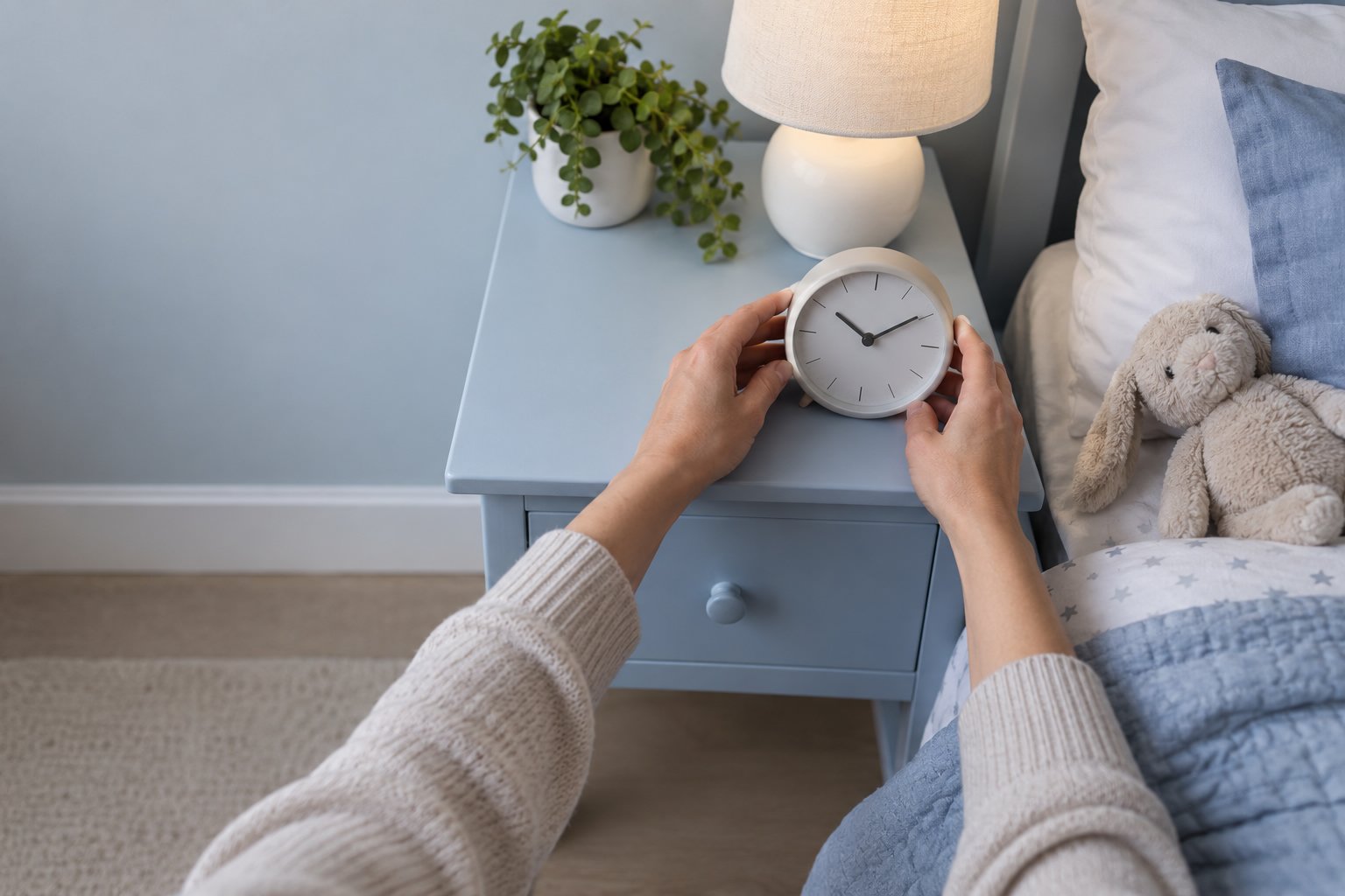 Une personne règle une petite horloge ronde sur une table de chevet bleue près d’une lampe et d’un doudou dans une chambre.
