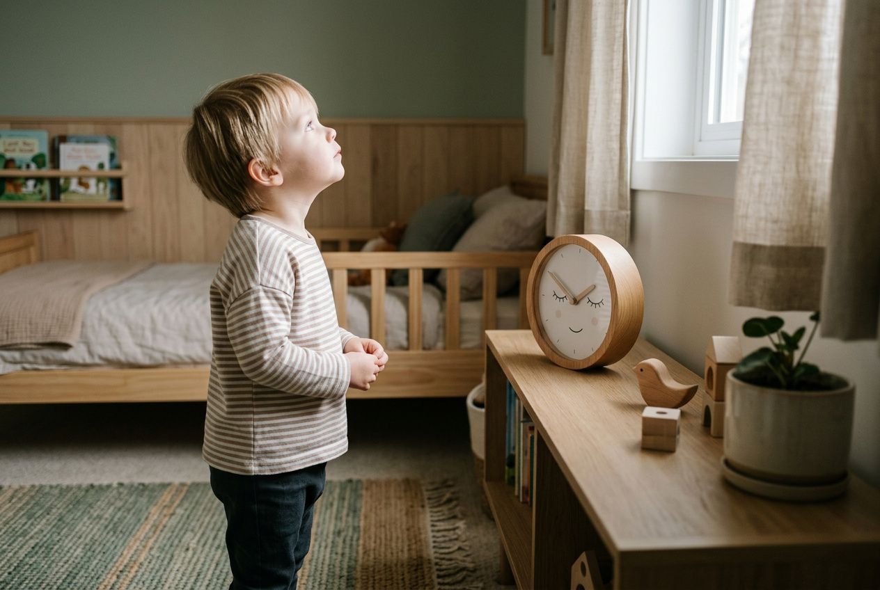 Petit enfant dans une chambre Montessori, regard vers l’horloge réveil éducatif montessori sur une commode, lumière naturelle.