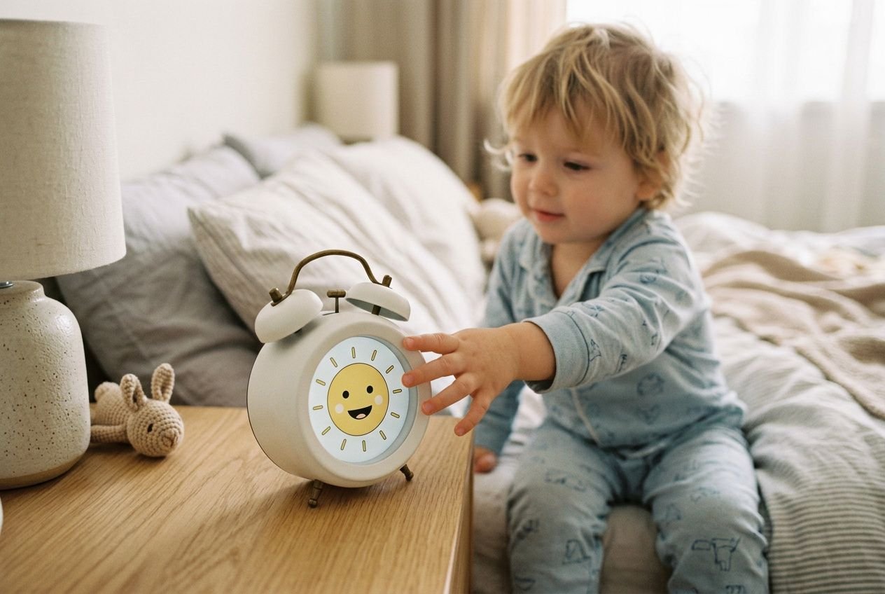 Petit enfant sur un lit touchant une horloge réveil affichant un visage souriant, ambiance chambre lumineuse. Réveil enfant apprentissage pour différencier jour et nuit.