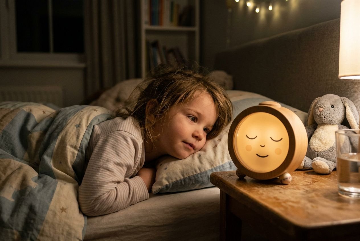 Petit enfant au lit, veilleuse ronde affichant un visage souriant, guettant l’heure près d’un doudou. Différence réveil classique éducatif y est évoquée.