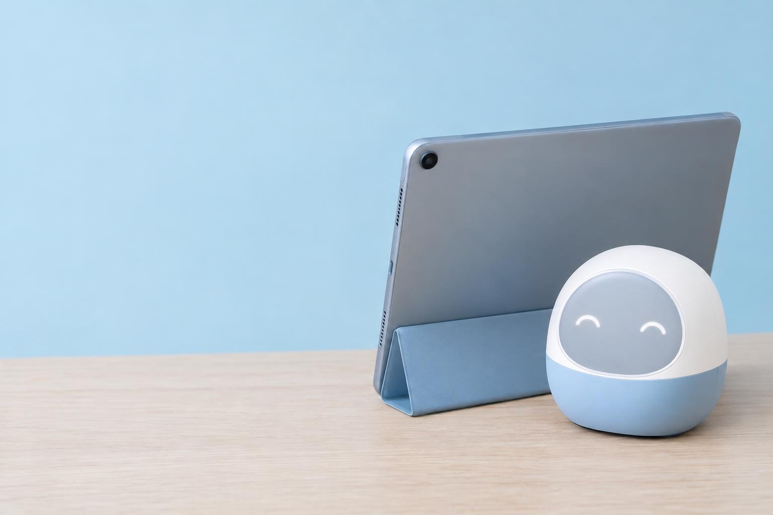 Petit robot blanc et bleu souriant posé près d’une tablette en support sur une table.