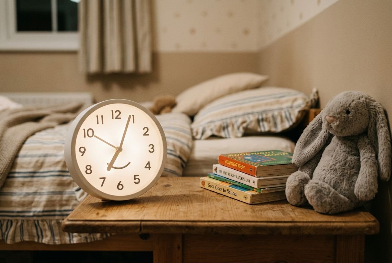 Réveil classique sur une table de chevet avec des livres et un peluche bunny dans une chambre d’enfant, ambiance nocturne. Différence réveil classique éducatif évoquée.