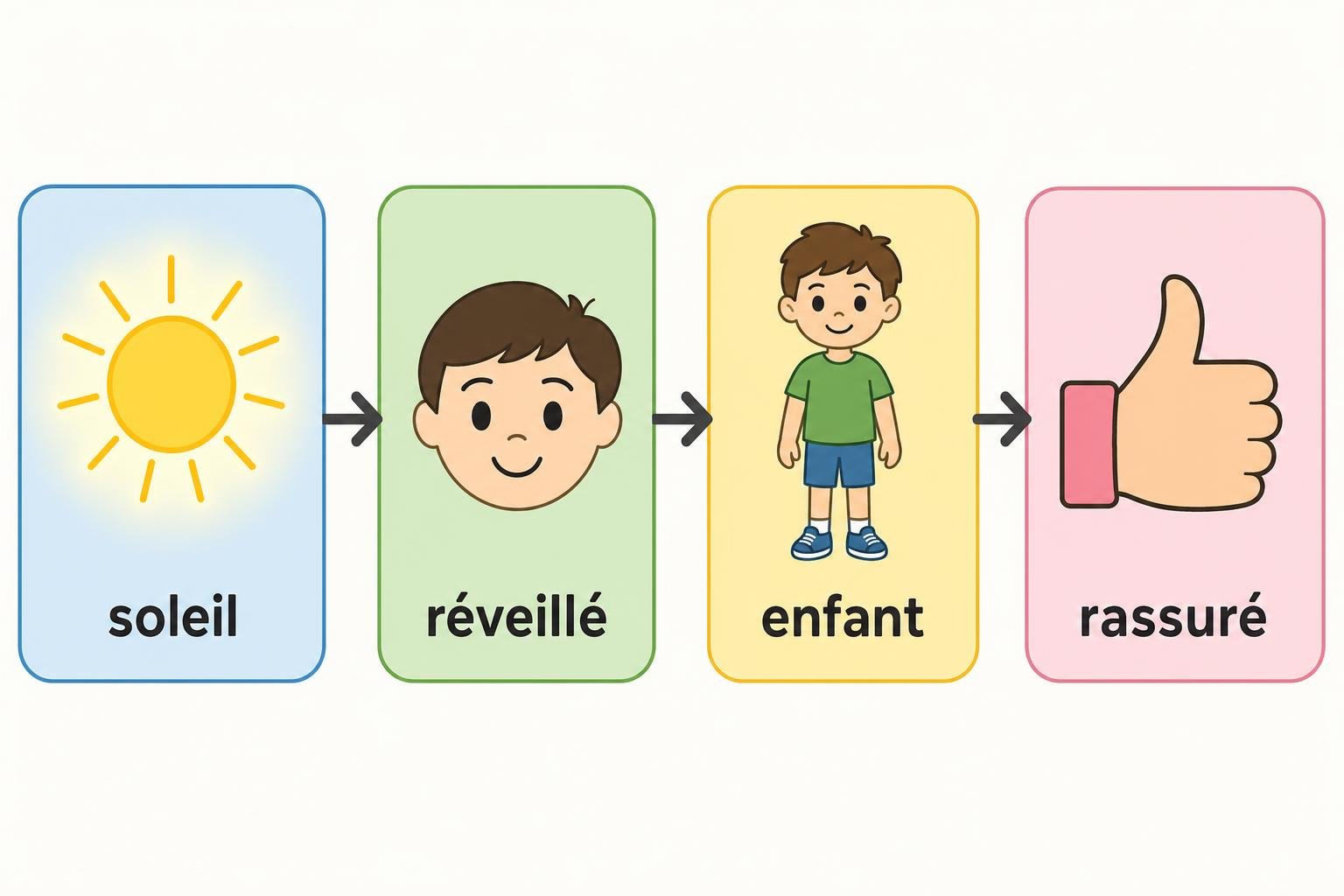 Réveil éducatif montessori illustré: progression du jour au confort d’un enfant éveillé et rassuré avec signalisation soleil, visage souriant, enfant et pouce levé.